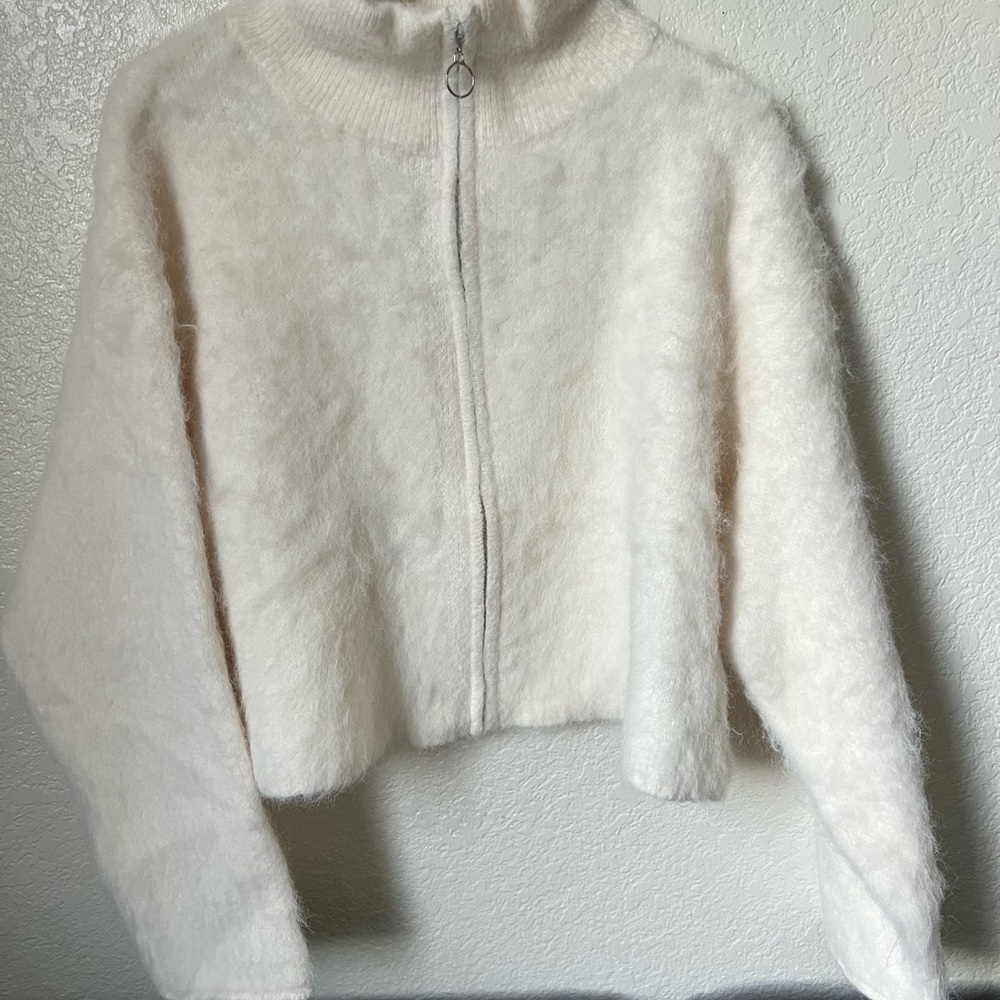 Cozy White Fuzzy Zip-Up Sweater